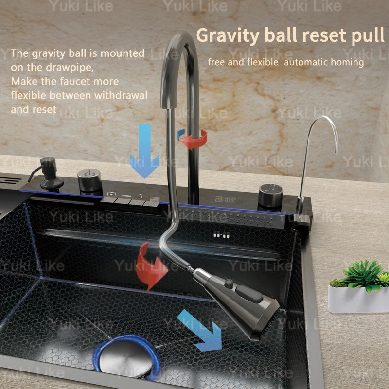 Küchenspüle aus Edelstahl mit Wasserfall, extra große Einzelschüssel, Digitalanzeige, multifunktionale Geschirrspülbecken