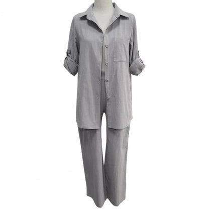 Elegant Solid Cotton Linen Shirt 2 Piece Set For Women Casual Outfits Autumn Long Sleeve Pocket Top Wide Leg Pants Suits Female.