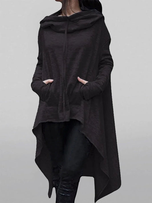Damen-Kapuzenpullover in Übergröße mit Taschen, asymmetrischem Saum, klassisches Retro-Schwarz-Pullover-Sweatshirt, Frühling/Herbst, dunkelschwarzer Kapuzenpullover.