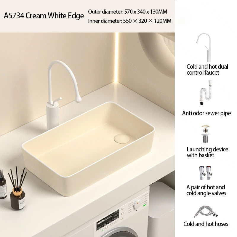 Rechteckiges Waschbecken aus Porzellan-Keramik für Badezimmer, modernes Waschbecken über der Theke mit Abflussset, Waschtischwaschbecken auf der Arbeitsplatte