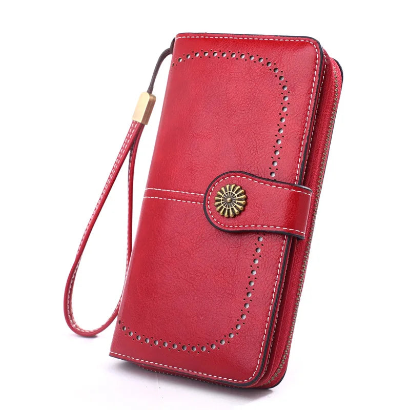 Fashionable new hollow out coin purse for women's oily leather phone bag, long zipper handbag,coin bag Triple fold ladies wallet.