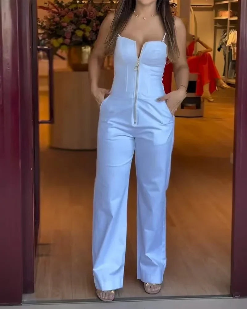 Women's Fashionable High-waist Jumpsuit Office Sexy Zipper Jumpsuit Summer Casual Commuting Solid Color Long Suspender Jumpsuit.