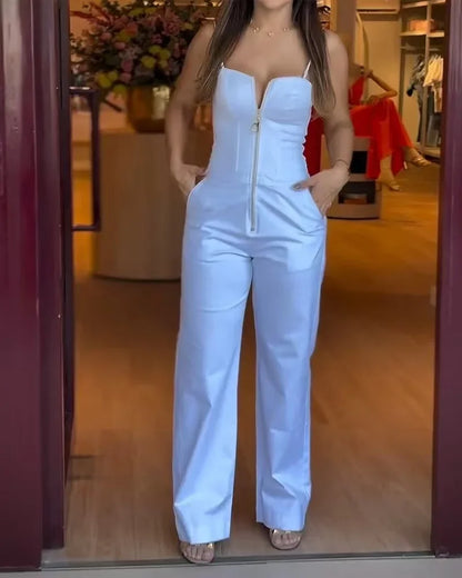Women's Fashionable High-waist Jumpsuit Office Sexy Zipper Jumpsuit Summer Casual Commuting Solid Color Long Suspender Jumpsuit.