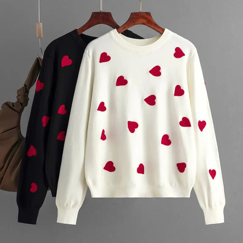 Frauen Herz Druck Gestrickte Pullover Herbst Winter Lose Pullover Elegante Strickwaren Jumper Valentinstag Tops.
