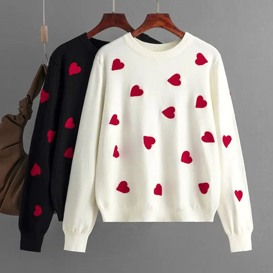 Frauen Herz Druck Gestrickte Pullover Herbst Winter Lose Pullover Elegante Strickwaren Jumper Valentinstag Tops.