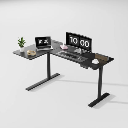 COSYHOMES-Höhenverstellbarer L-Förmiger Schreibtisch, 160 × 120 Cm, Mit Steckdosen, Einstufig, Schwarz