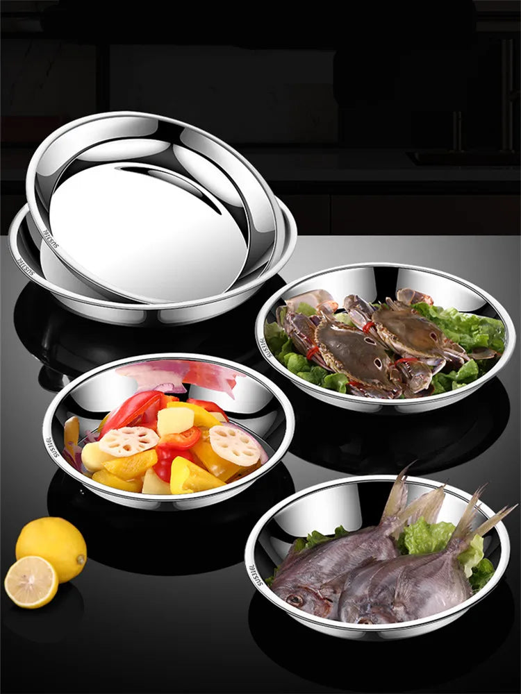 Thick Round 316 Stainless Steel Dinner Plate Food Grade Trays Salad Fruit Meal Pan Kitchen Steak Seafood Flat Cooking Bowls.