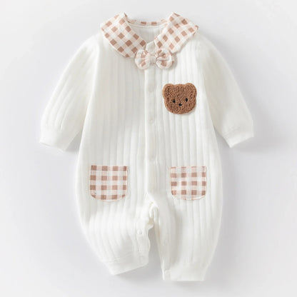 Neugeborenen Baby Overall Kleidung Winter Verdickt Strampler Jungen Mädchen Nette Stickerei Bär Body Herbst Kleidung 0-1-3-6M.