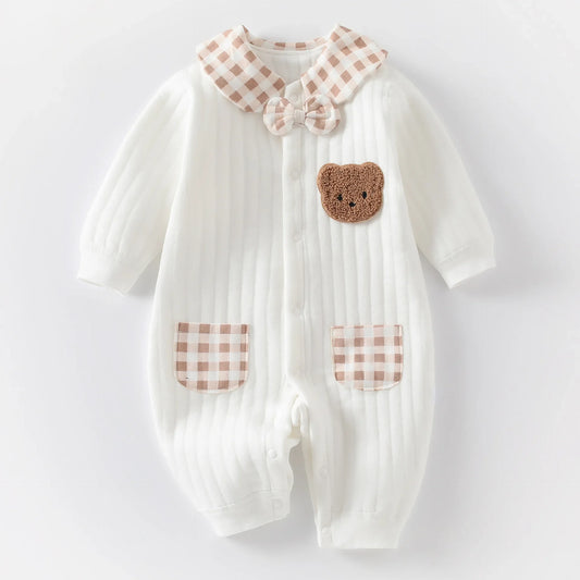 Neugeborenen Baby Overall Kleidung Winter Verdickt Strampler Jungen Mädchen Nette Stickerei Bär Body Herbst Kleidung 0-1-3-6M.