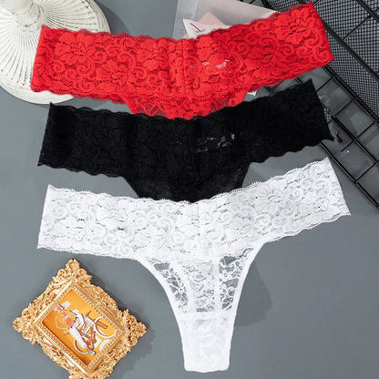 3PCS Lace Floral Women Panties Low Waist Breathable Briefs Female Thong Underwear M-2XL Solid Sexy G-String Transparent Panty.