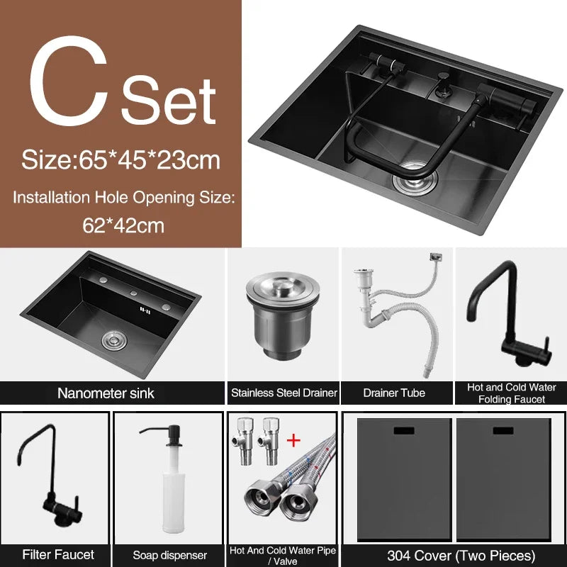 Nanometer Double Cover Hidden Kitchen Sink 304 Stainless Steel 3 Holes Handmade Single Large Size Kitchen Hidden Sinks