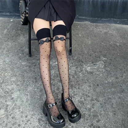 Japanese Style Thigh High Stockings Long Socks Women Cute Sweet Girls Lolita Bow Over Knee Socks Polka Dot Summer Nylon Stocking.
