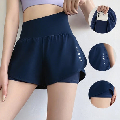 Women Yoga Pocket Shorts Fake Two Piece Anti Peek Shorts High Elastic Loose Fashion Casual Gym Trainning Three Point Pants