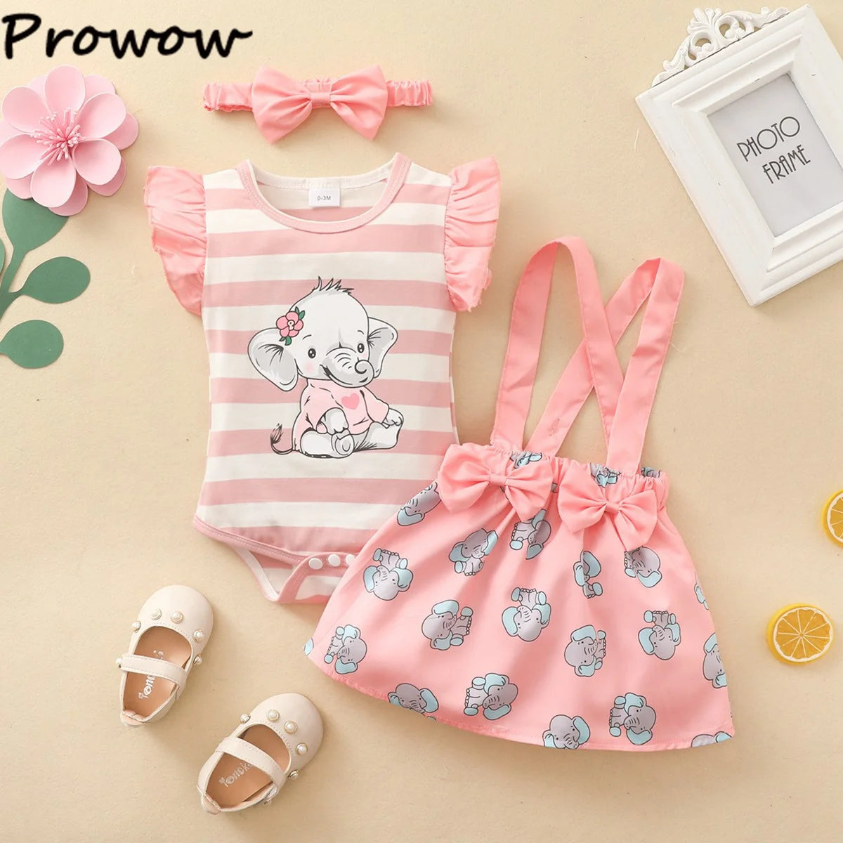Prowow Günstige Preis Kleidung Baby Mädchen Outfits Set Niedlichen Elefanten Body und Hosenträger Kleid 3 stücke Neugeborene Geburt Set Kleidung.