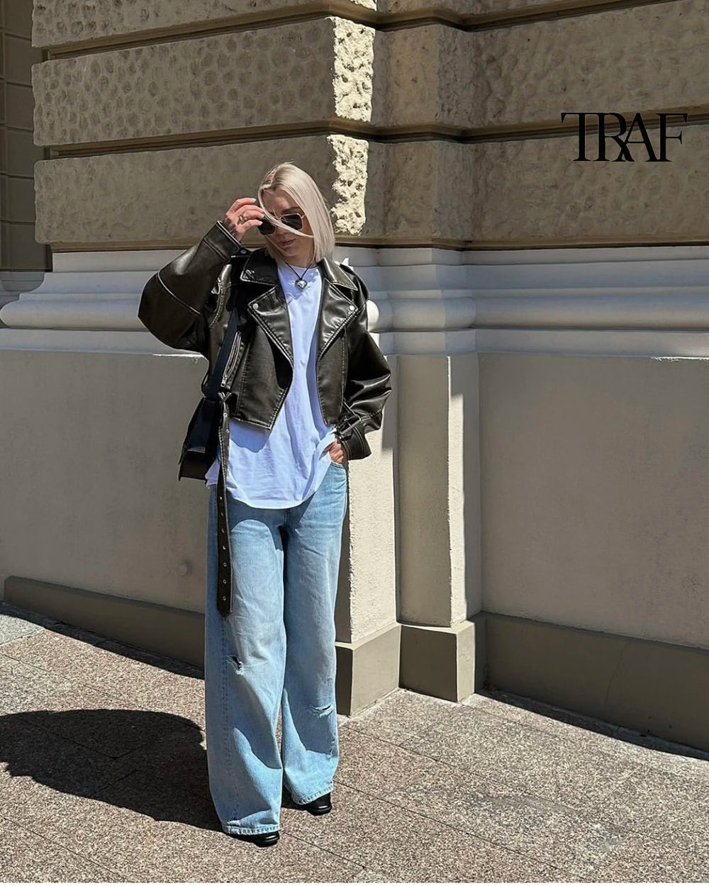 TRAF Damen Vintage lose Lederjacke Gürtel Schulter Abzeichen Zip Revers Jacke Handsome Washed Leder Motorrad Kleidung