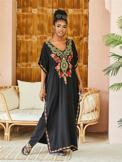 Women Embroidered Kaftan Dress Caftan Loungewear Long Bathing Suit Cover Up Beach Wear Vacation Outfit Loose Summer Women's Robe.