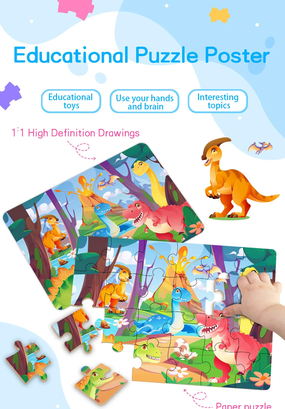 Kids Cartoon Animal Jigsaw Puzzles Montessori Educational Toys Parent-Child Theme Game Paper Educational Gift for Children.