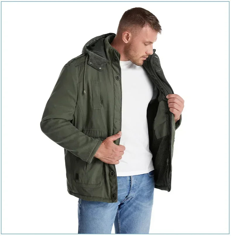 Men's Jacket WINTER USA SIZE Large SIZE Lamb Fleece JACKETS Hooded Cotton Thickened Multi Pocket Casual Mid length Coat