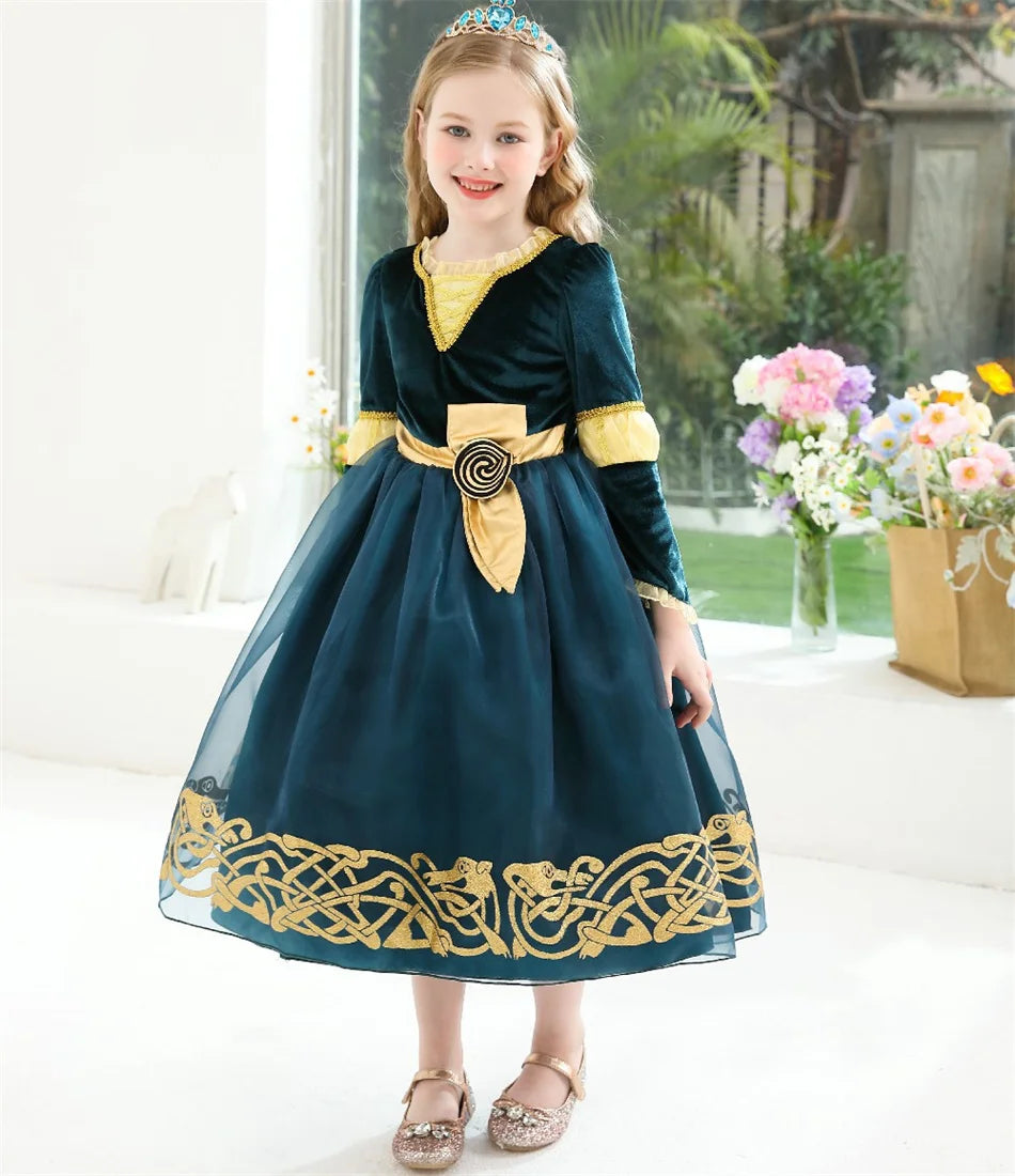 Girls Merida Cosplay Princess Dress Children Stage Performance Clothes Kids Halloween Carnival Party Long Sleeves Outfits.