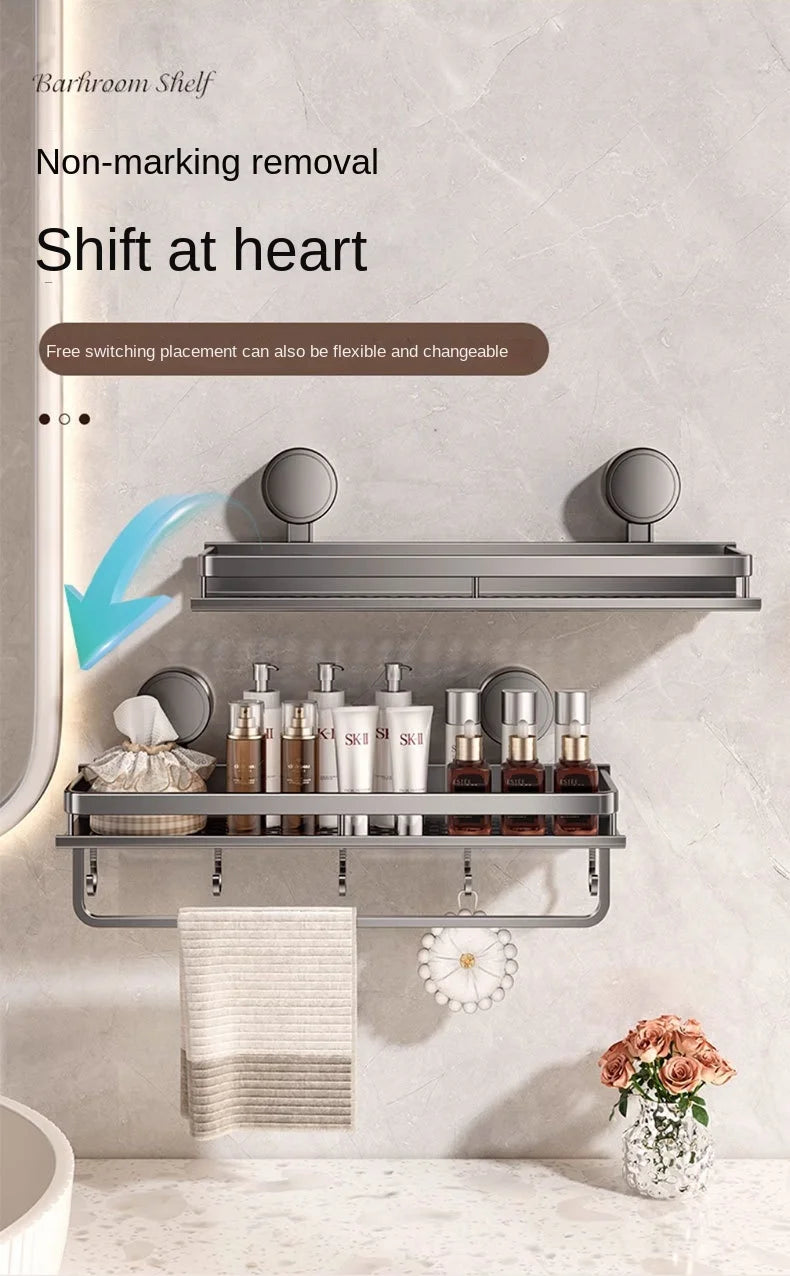 Bewegliches Badezimmerregal ohne Bohren – 30/40/50 cm Saugnapf-Organizer mit Haken/Stange, einfach zu installieren und zu reinigen, wasserdichtes Toilettenregal