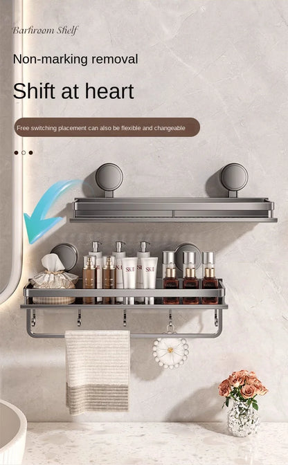 Bewegliches Badezimmerregal ohne Bohren – 30/40/50 cm Saugnapf-Organizer mit Haken/Stange, einfach zu installieren und zu reinigen, wasserdichtes Toilettenregal