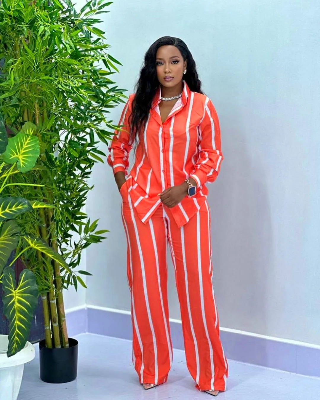 Fashion Striped Print Suit For Women Elegant Lapel Long Sleeved Shirt Elastic Waist Wide Leg Pants Two Piece Set 2024 Autumn New.