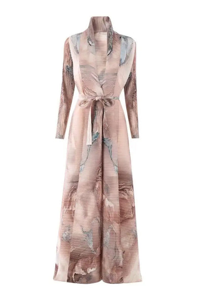 Abaya Miyake Pleated Printed Robe Jacket Arabian Dubai Style Women's Long Sleeve Conservative Demure Muslim Trench Coat 55inches