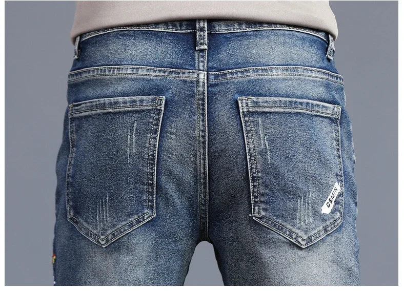 New Men's Vintage Jeans Korean Fashion Slim Little Feet Embroidered Trousers Stretch Male Streetwear Denim Pants.