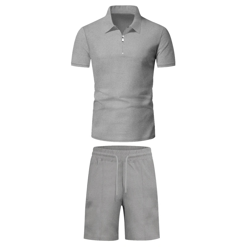 Men's Comfortable Short-Sleeved Waffle Polo Shirt And Shorts Set - Breathable Lightweight Spring/Summer Clothing.
