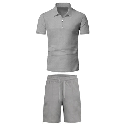 Men's Comfortable Short-Sleeved Waffle Polo Shirt And Shorts Set - Breathable Lightweight Spring/Summer Clothing.