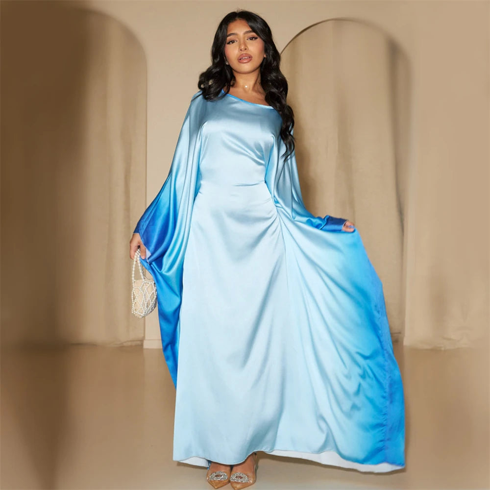 Gradient Color Shiny Batwing Satin Maxi Abaya Dubai Luxury 2024 Abayas For Women Muslim Kaftan Dress Islam Caftan Marocain Femme.
