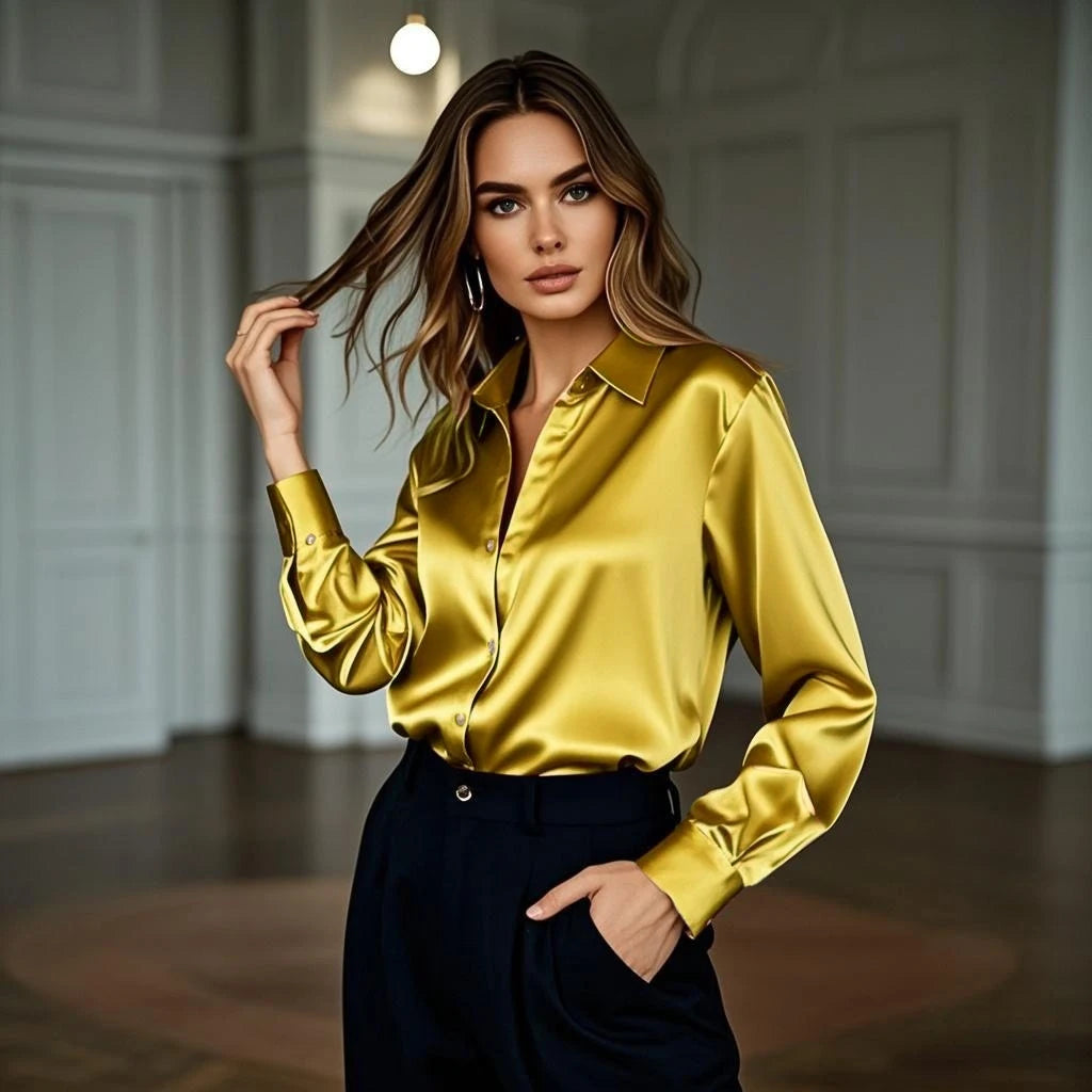 Luxury Satin Finish Shirts And Blouses For Women Clothes Casual Top OL Long Sleeve Single Breasted Elegant French Solid Blouses.
