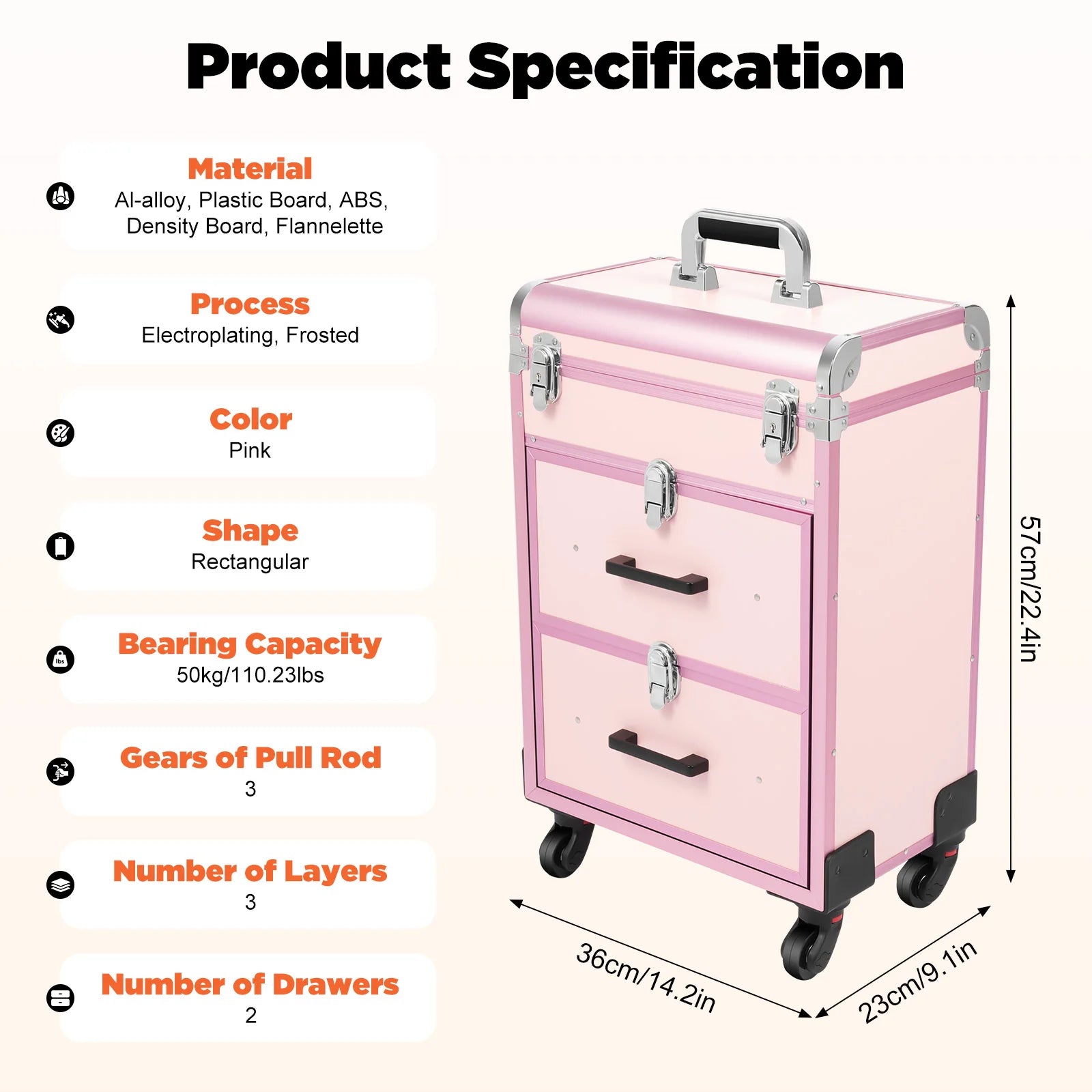 3 in 1 Rolling Makeup Case with Drawer, Large Makeup Case Organizers, Profesional Cosmetic Case for Salon Barber, Light Pink.