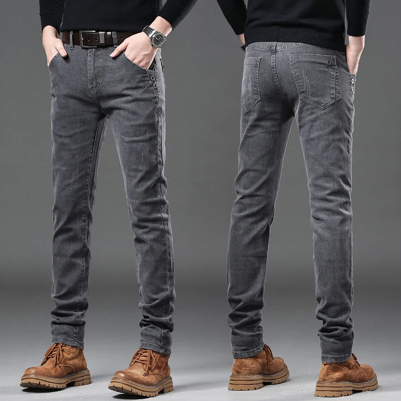 New Pure Gray Korean Slim Jeans Men's Stretch Tight Trendy Jean Trousers Branded Streetwear Comfortable Man Clothing Pants.