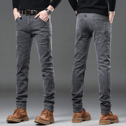 New Pure Gray Korean Slim Jeans Men's Stretch Tight Trendy Jean Trousers Branded Streetwear Comfortable Man Clothing Pants.
