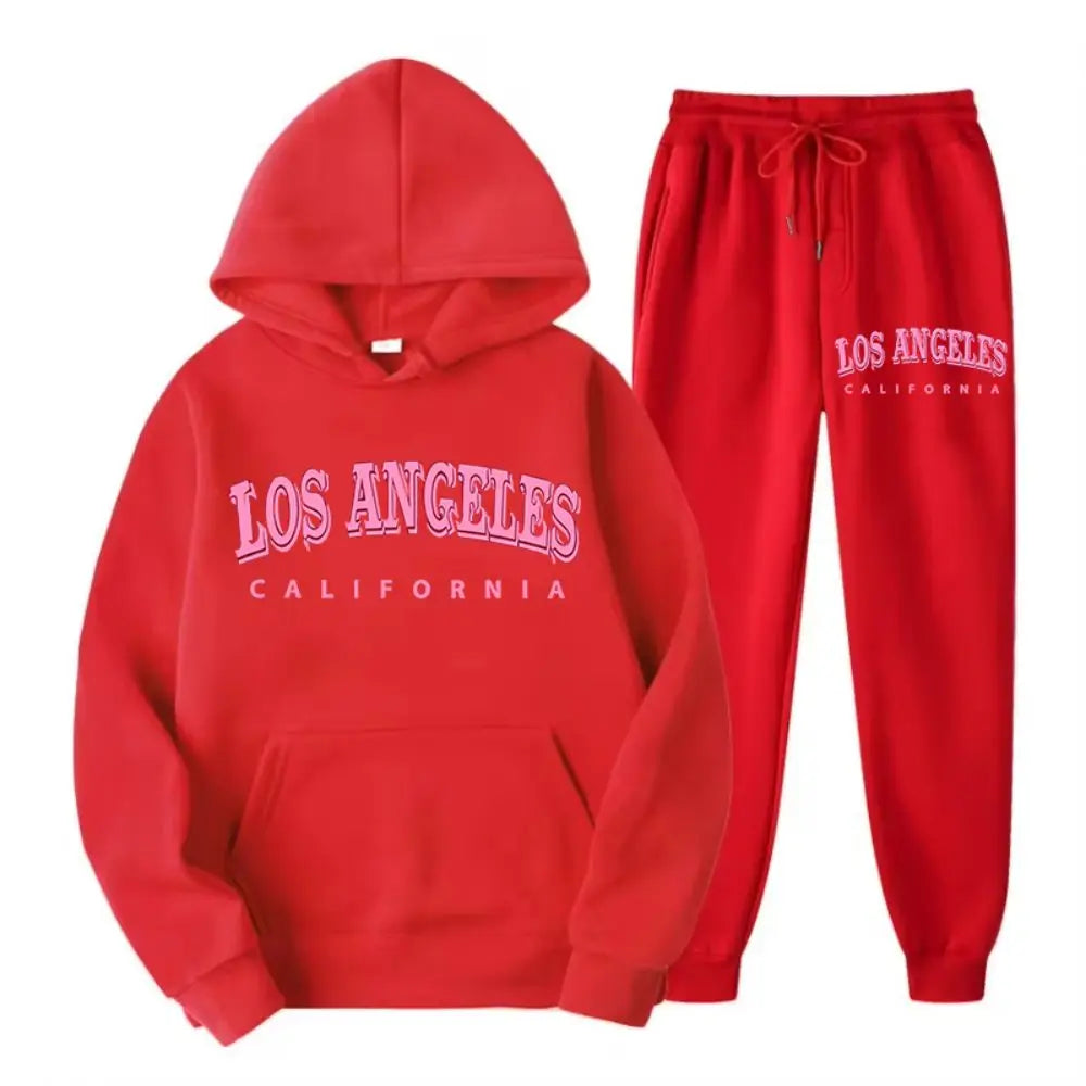 Two Piece Set Street Womens Hoodie & Pants Fleece Pocket Loose Pullover Los Angeles California Print Clothes Fashion Sportswear.