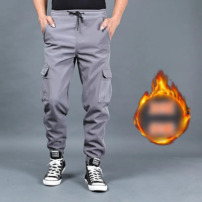 Autumn and winter loose ankle multi pocket work pants for men, winter oversized sports pants, trendy brand with plush and thick.