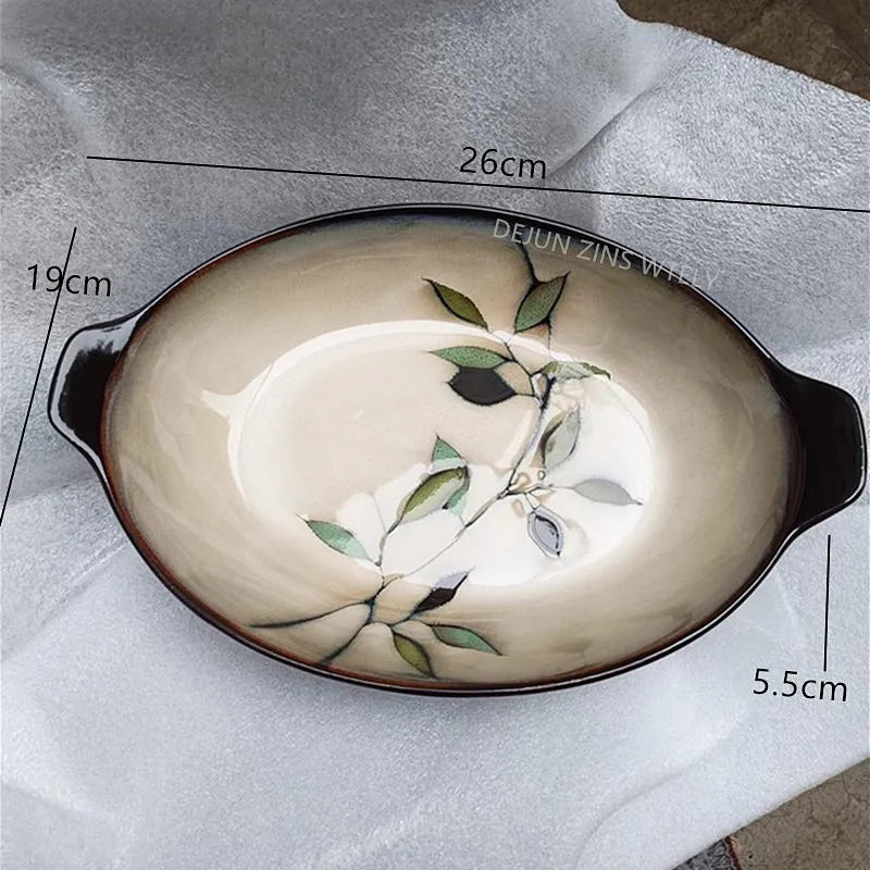 1Pc Vintage Bamboo Leaf Ceramic Bowl Salad Plate Exquisite Ceramic Cutlery Household Noodle Bowl Western Steak Cake Sushi Plate