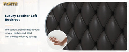 Gepolsterter Queensize-Bettrahmen aus PU-Leder mit tiefem, getuftetem Kopfteil und Kopfteilen für Schlafzimmer, schwarzer Plattform-Bettrahmen