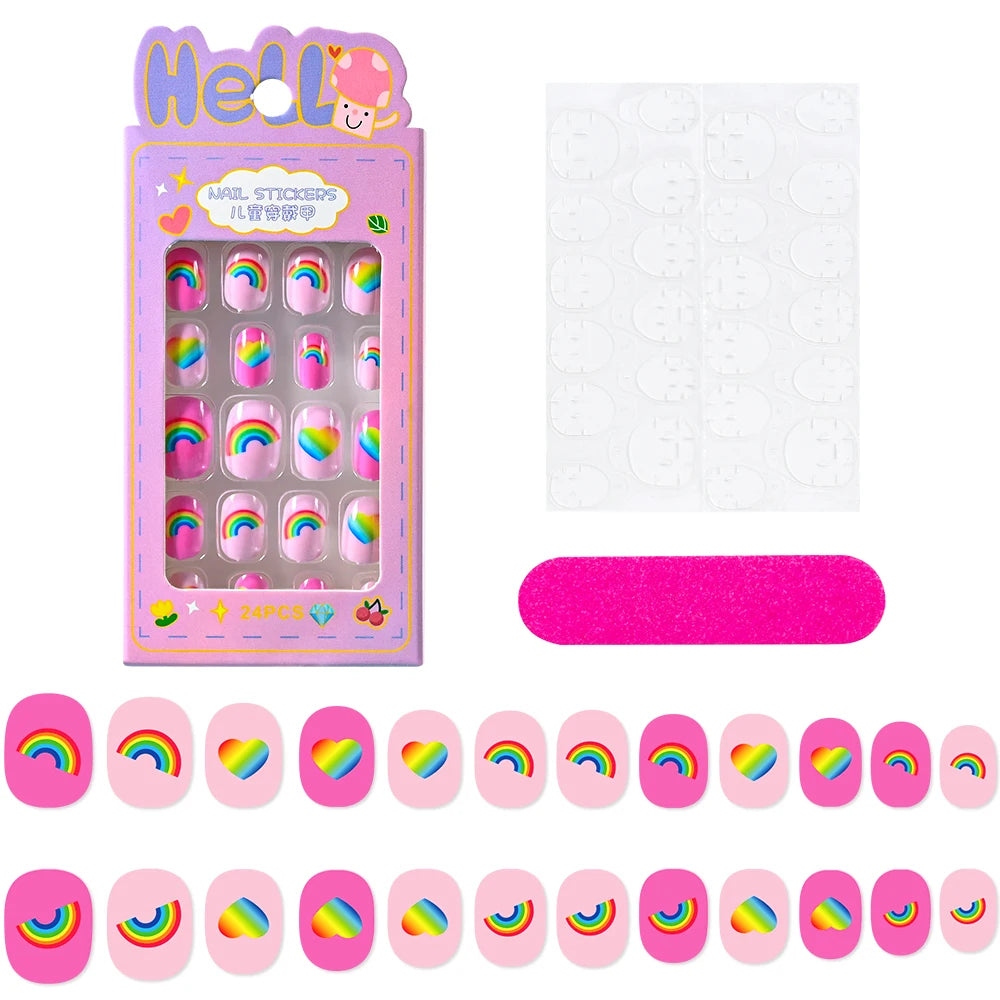 24Pcs/box Kids nails for Girl Cartoon Pattern False Nail Cute Child Fake Nails Tips Kawaii Acrylic Artificial Press on Nail+Tool