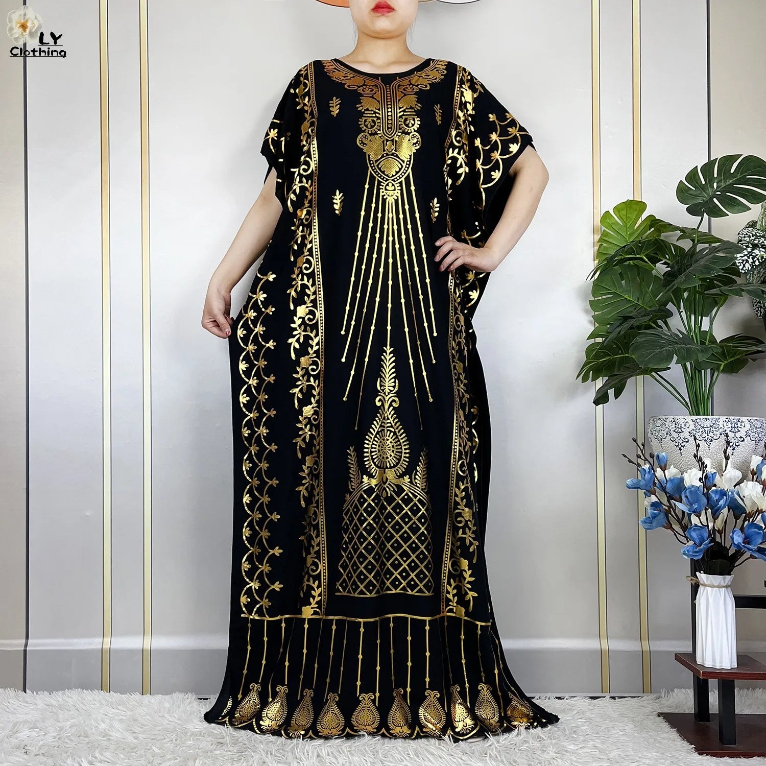 2023 New Muslim Summer Short Sleeve Robe Gold Stamping Boubou Maxi Women Femme Loose Dress With Big Scarf African Abaya Clothes.