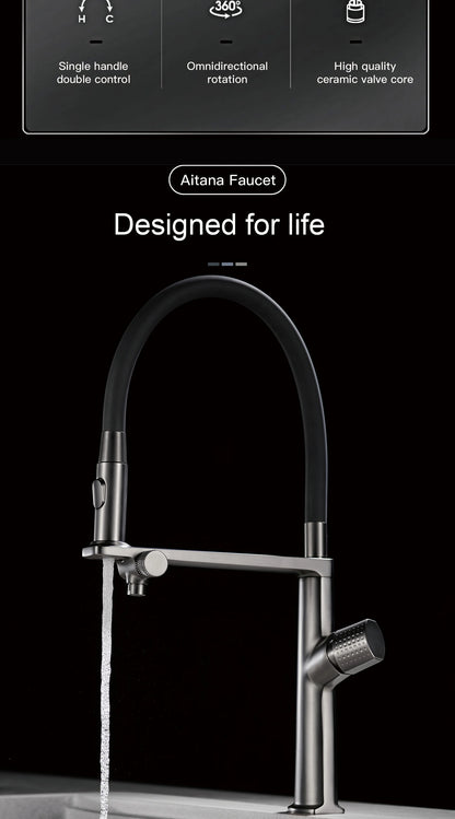 AITANA Luxury Brass Gun Grey Pull out 2-Function Kitchen Faucet Single Handle Cold and Hot Water Pure Water Design Sink Tap