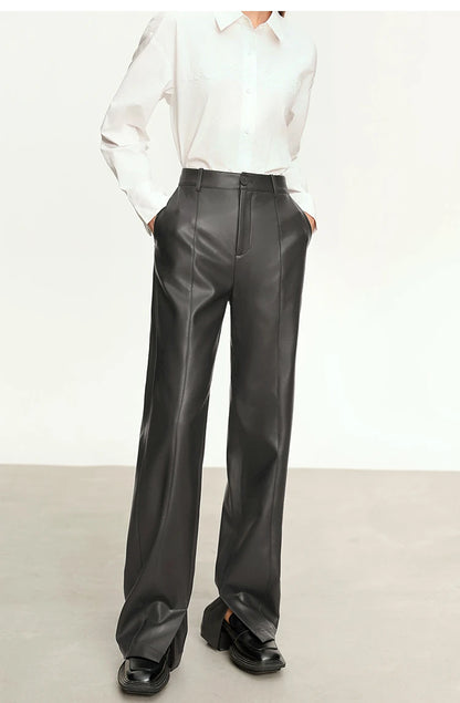 AMII Minimalist Casual Pants for Women 2025 Autumn Clothing PU Leather Loose Straight Pants Slit Office Lady Trousers 12343250.