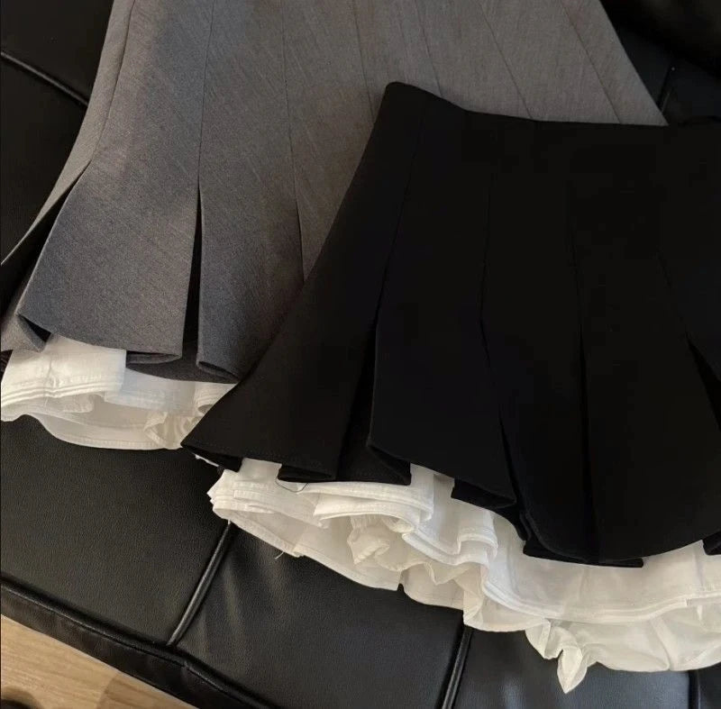 Mooyufon Ruffles Black Mini Skirt Women Korean Patchwork Pleated Skirts Japanese Kawaii High Waist All Match A Line Skirt New.