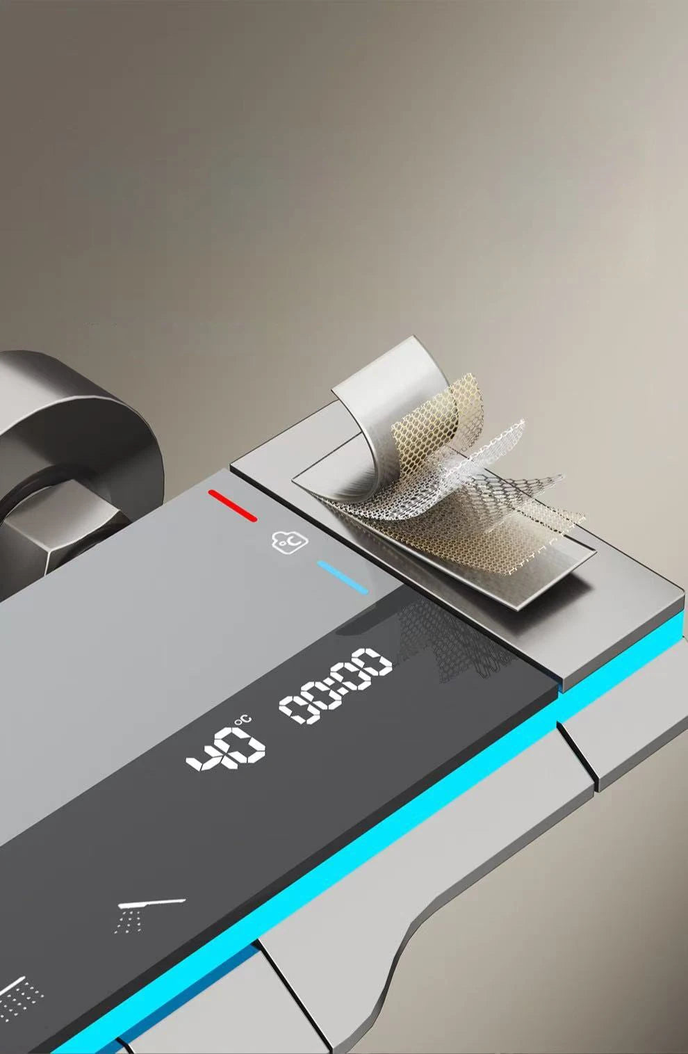 Bathroom Shower System Brass Mirror Surface Temperature-Controlled for Bathtub Faucet with Digital Display, LED Strip