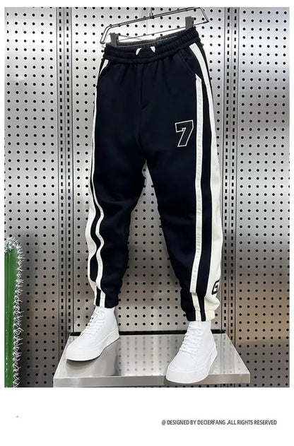 Fashionable Striped Color Blocking Sweatpants 2024 Autumn/Winter Men's New Casual Ankle Pants Patchwork Warm Harem Trousers.