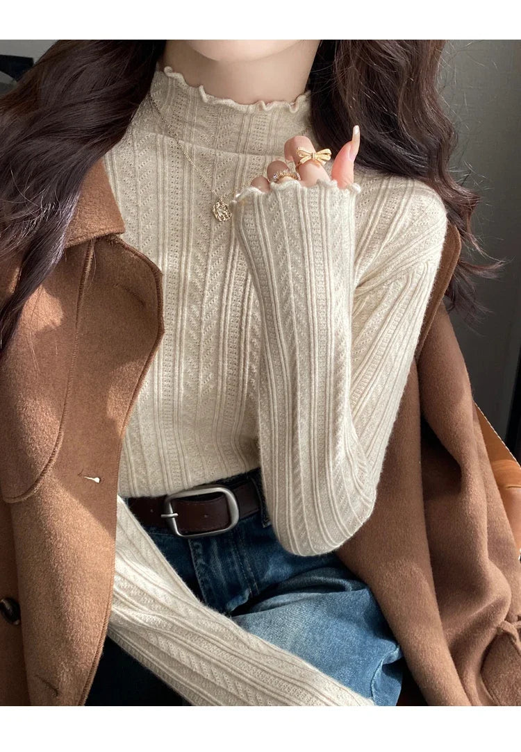 2025 Korea Geraffte Rollkragen Frauen Pullover Herbst Winter Warme Pullover Schlank Tops Gestrickte Pullover Jumper Weiche Pull Weibliche