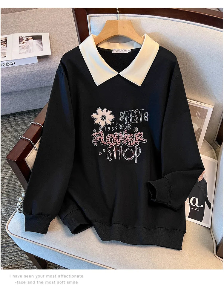 175kg plus size Damen büste Frühling Herbst lose Kragen bedruckt Langarm Sweatshirt schwarz rosa 4xl 5xl 6xl 7xl 8xl 9xl.