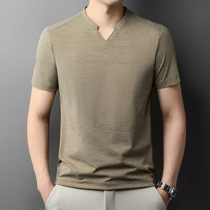Korean Men's Casual and Fashionable Small V-neck Solid Color Short Sleeved T-shirt Comfortable Summer Versatile Top.