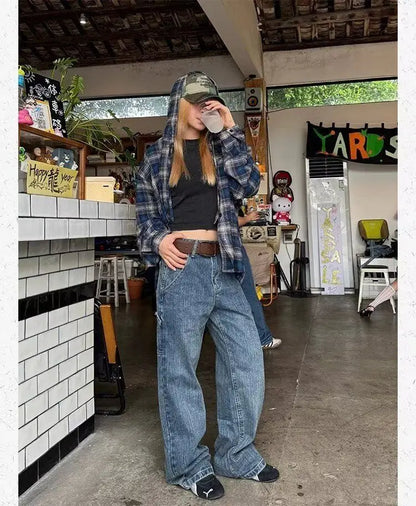 HOUZHOU Vintage Plaid Shirts Women Harajuku Long Sleeve American Style Drawstring Hooded Blouses Loose Casual Streetwear Spring.